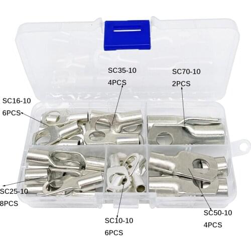 30pcs box-packed SC10-10 SC16-10 SC25-10 SC35-10 SC50-10 SC70-10 Tin Plated Copper Cable lugs Terminal Connector