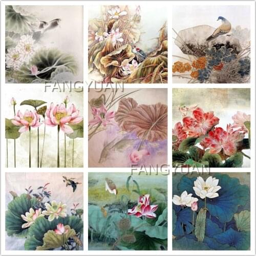 5D Diy Lotus Flower Diamond Embroidery Landscape Diamond Painting Full Square Round Drill Cross Stitch Kits Wall Art Pictures