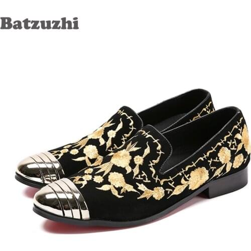 Batzuzhi New Italian Mens Flats Men Slip-On Loafers Shoes Black Suede with Embroidery Men Casual Shoes Size EU38-46! Sapatos