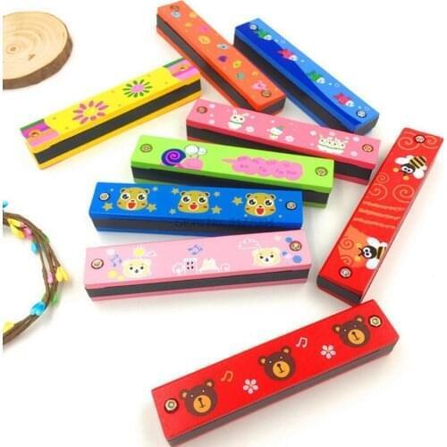 DHL 200pcs 16 Holes Harmonica Musical instrument Montessori Educational Toys Cartoon Pattern Kids Wind Instrument
