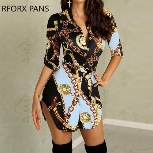 Women Chains Print Belted Casual Shirt Dress