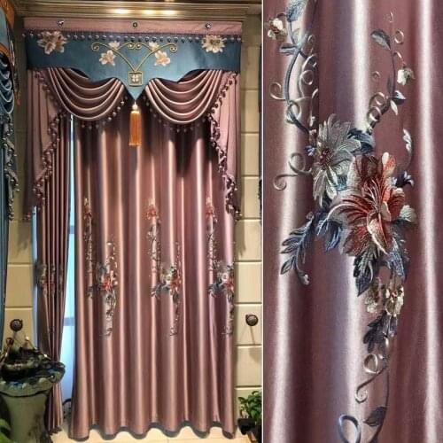 Purple Elegant Flowers Embroidery Curtains for Living Room Classical Silk Texture Window Drapes for Bedroom