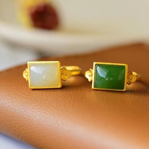 New SNew Sterling Silver Inlaid Natural Hetian Jade Square Chinese Style Retro Xiangyun Open Adjustable Ring