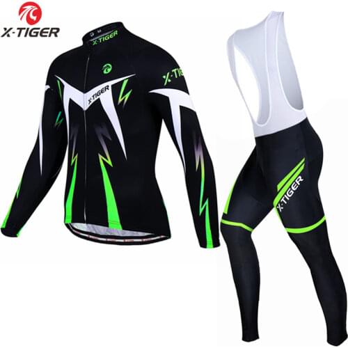 X-Tiger Cycling Jerseys Set 5D Gel Padded Bib Pants Mens Breathable Long Sleeve Bicycle Clothing Sunscreen Cycling Suits Set