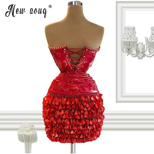 Red Sequined Cocktail Dress Lace Up Leather Clubwear 2021 Women Corset Prom Dresses Birthday Party Wear Red Carpet Runway Gowns