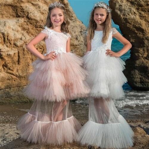 Princess Lace Ball Gown Bling Beaded Flower Girl Dress Girls Pageant Gowns New Bow First Communion Dresses For Weddings