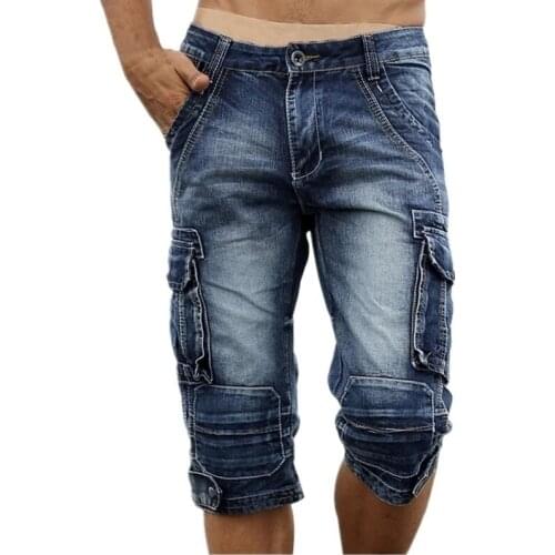 Summer Mens Cargo Denim Shorts Multi Pockets Retro Washed Cotton Jeans Shorts streetwear basket gym pantalon corto hombre