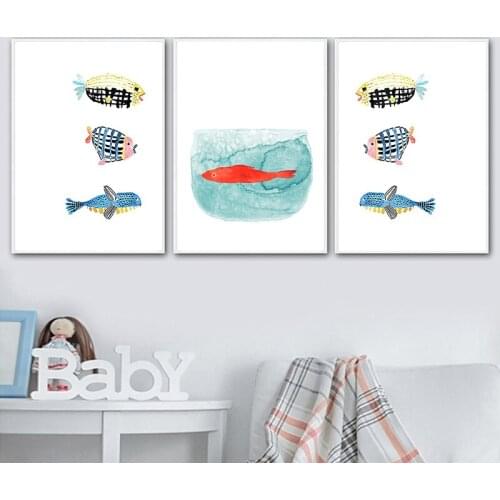 Cartoon Cute Abstract Cat and Fish Canvas Painting Wall Art Nordic Posters and Prints Wall Pictures for Living Room Decoration