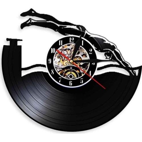 Diving Wall Clock Modern Laser Cut of Vintage Vinyl Record Wall Hanging Watch Swimmer Home Decor For Swimming Lover Gift Idea