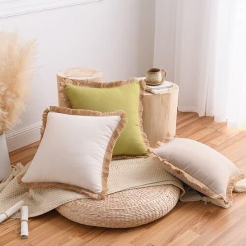 Avocado Green Orange Red Cotton Linen Pillowcase Sofa Tassel Cushion Nordic Lumbar Pillow Solid Color Linen Backrest 45*45cm