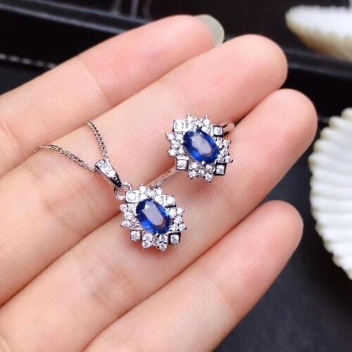 New natural blue sapphire necklace and silver ring jewelry set natural gem good color real 925 silver ornament birthday gift