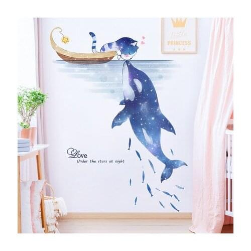 Wallpaper Self Adhesive Wall Stickers For Kids Room Bedroom Vinyl Decal Home Renovation Dolphin Cat Wall Decal Girl Room Design