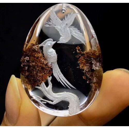 Flower Natural Ghost Crystal Pendants Hand Carved Magpie Pendant Sweater Chain Necklace Lucky for Women Men Crystal Jewelry