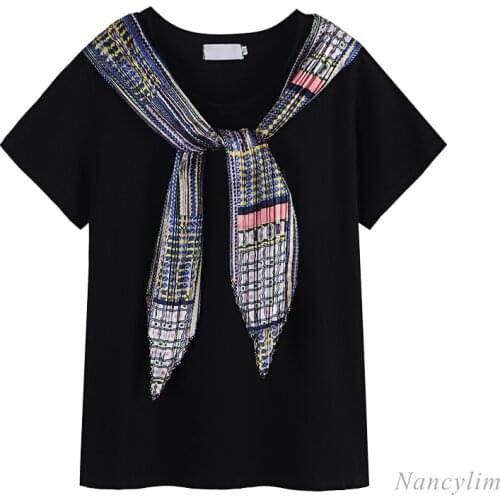 Scarf Tied Round Neck Short Sleeve T-shirt Female 2021 Summer Korean Style Loose Girls Student Tees Tops Nancylim