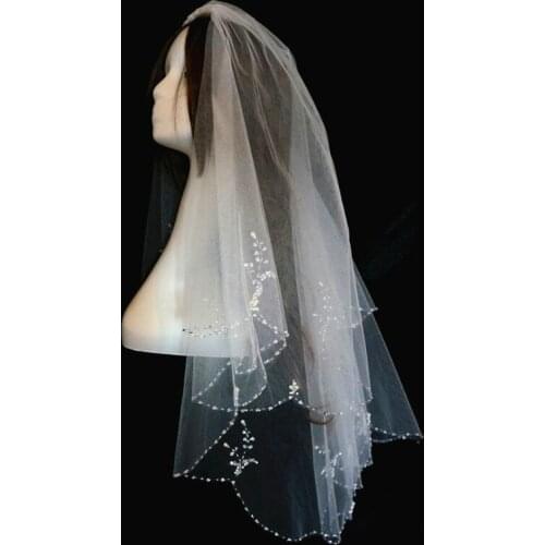 Wedding Bridal Veil Two Layer 2T Fingertip Length Chapel Length Elegant Hand Sew Beading Real Photo