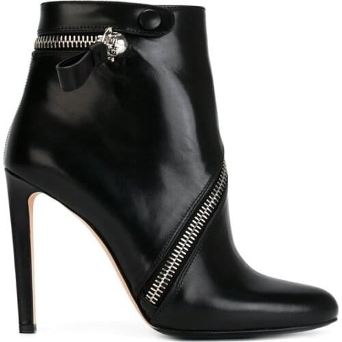 New Designer Metal Zipper Embellished Ankle Boots Women Black Leather Pointed Toe High Heel Booties Mujer Short Boots