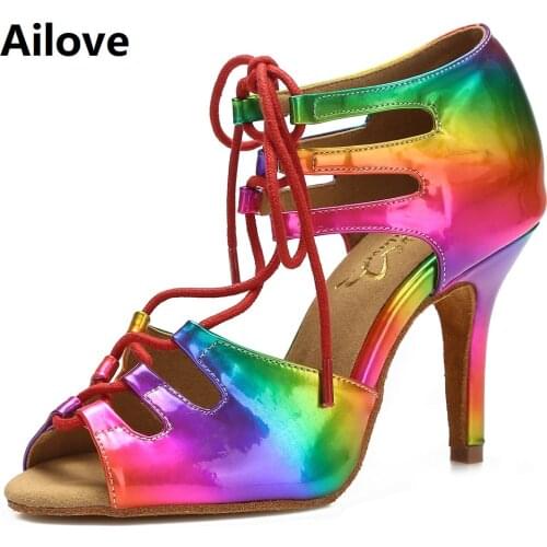 Women Ballroom Latin Dance Shoes Lady Lace-Up Salsa Dancing Sandals Bright Rainbow PU Indoor Sports Heels ALS052
