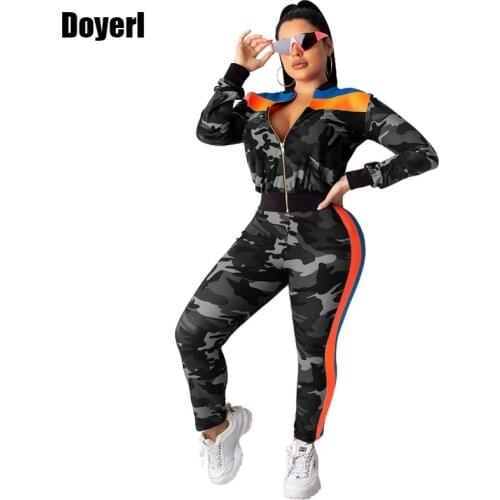 2020 Two Piece Set Tracksuit Women Sportwear Long Sleeve Camo Crop Top and Pants Set Casual Suit Female Autumn 2 Piece Women Set
