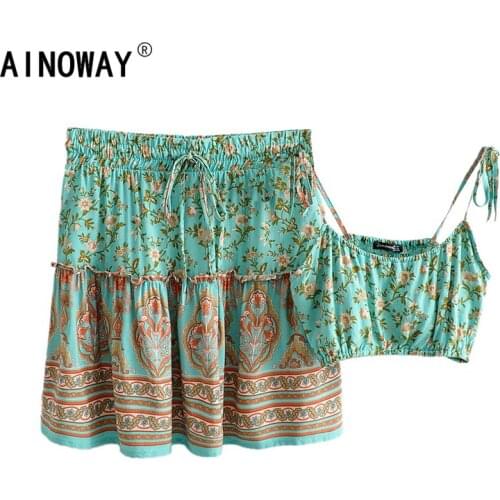 Vintage chic Women two piece outfits strap Sleeveless tops Bohemian Drawstring mini skirts 2 pieces rayon cotton Boho sets