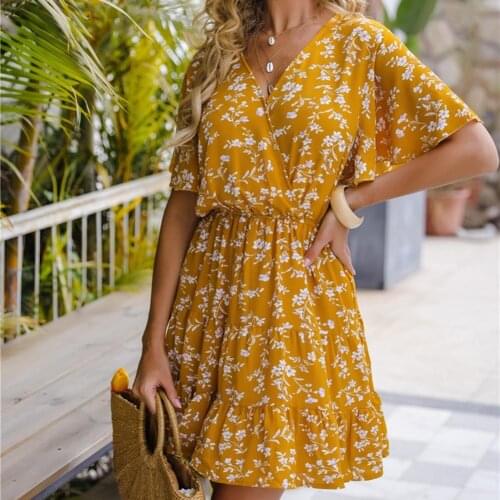 Women V-neck Dress Small Floral Print Slim Sexy Soft Ruffle Hem Dress for Outdoor