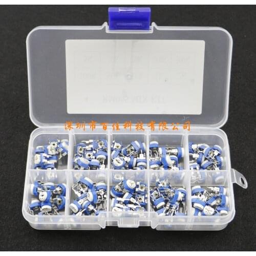 100pcs 10 Specifications (100R-500k) Rm065 Blue and White Adjustable Resistor Pack Box Set Free freight