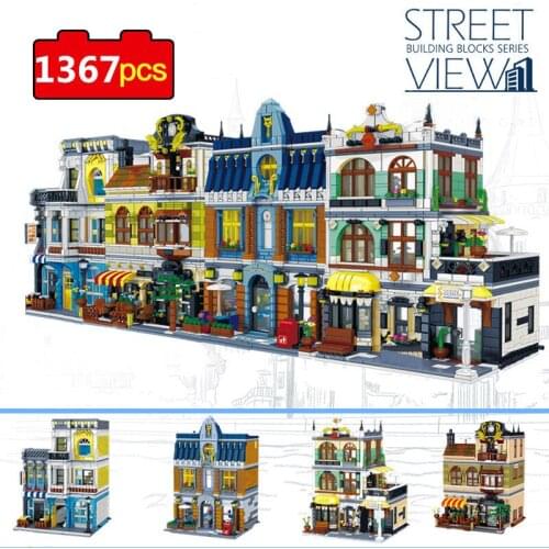 1367pcs City Street View Bricks Coffee Shop House Hotel Architecture Restaurant Store Model Buildings Blocks DIY Toys Gifts