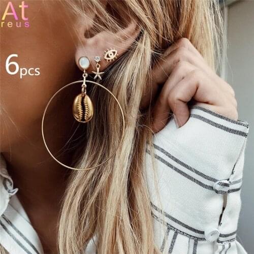 6pcs Exaggerated Big Round Gold Shell Earrings for Women Rhinestone Turkish Eye Crystal Starfish Earrings Set Ear Studs Jewelry