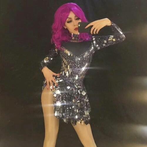 Sequins Mirror Stone Mini Dress Sexy Costume Bright Crystal Diamond Singer Nightclub Party Show Dress Performance Stage Clothing