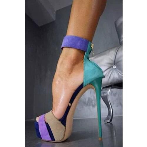 Sexy Platform Mixed Color Faux Suede Ankle Strap Sandals Ultra High Heels Fashion Open Toe Thin Heels Club Party Dress Shoes