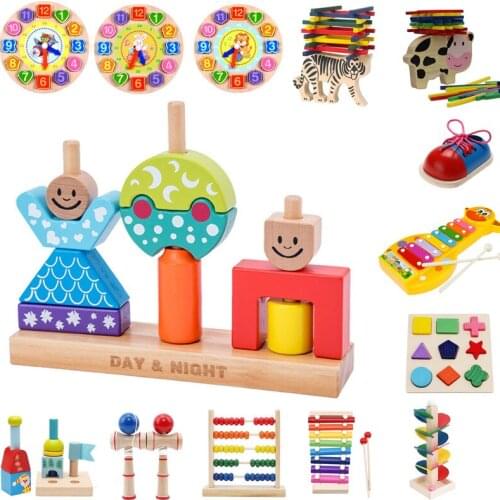 Wooden Toys For Children Sun&Moon Day&Night Pillar Blocks Early Learning Baby Birthday Christmas Gift Educational Toy For Kids
