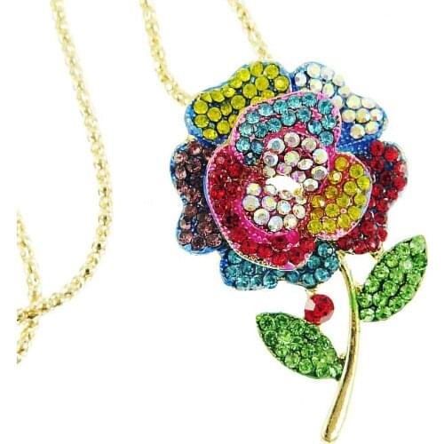 Elegant women jewellery Rose Poppy flower long necklace Full Crystal female bridal wedding gifts accessories sweater chain