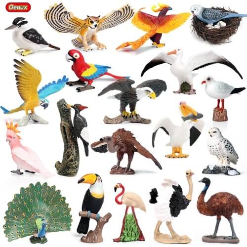 Oenux Original Bird Animals Model Forest Flamingo Peacock Ostrich Parrot Action Figures Figurine PVC Miniature Decoration Toy