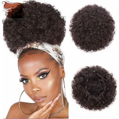 Afro Kinky Hair Bun Synthetic Claw Clip Ponytail Hair Extensions Drawsting Short Ponytail Fluffy 8Inch Afro Short Hair Buns
