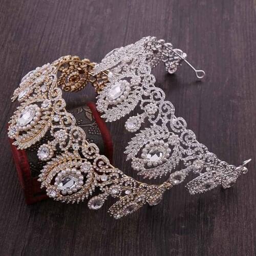 Exquisite Bridal Baroque Tiara Vintage Large Shiny Crystal Rhinestone Leaves Half Circle Crown Wedding Hair Accessories Jewelry