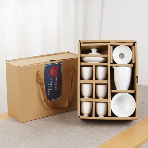 Chinese Travel Kung Fu Tea Sets Ceramic Portable White Porcelain Service Celadon Carp Tea Cups Tea Ceremony Teapot Gift Box