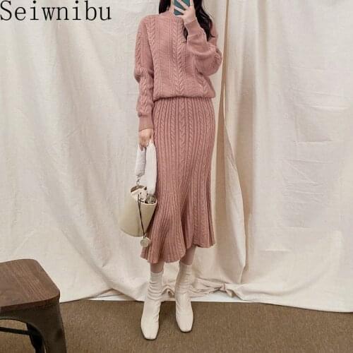 2 piece set women fashion long-sleeved loose sweater and Calf-Length skirt set autumn new sweater sweater womens elegant suit