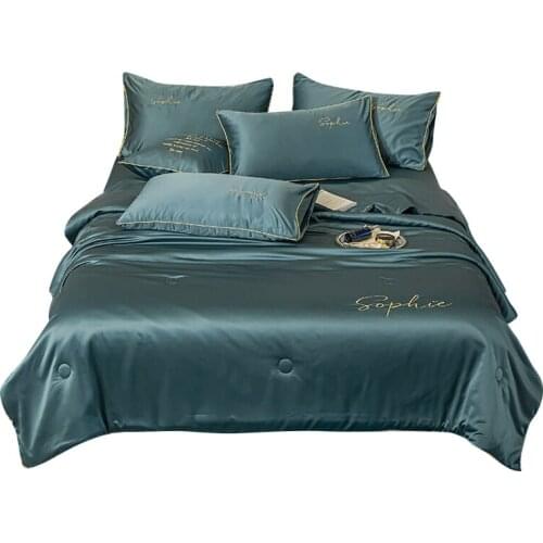 4PCS Set Summer Solid Bedding New 100% Silk Bed Linens Air Condition Quilts Duvet Washed Cotton Throw Blankets Summer Comforter