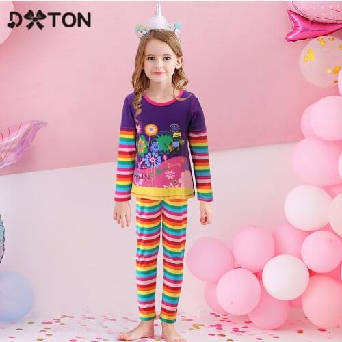 DXTON 2020 Girls Clothing Sets Rainbow Girls T-shirt with Legging Flower Long Sleeve Tops Stripe Pants Winter Clothes 2PCS Sets