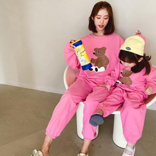 Mother Daughter Long-sleeved Two-piece Suit for Family Matching Clothes Set 2021 New Adult Baby Girls Fashion Cartoon Bear Sets