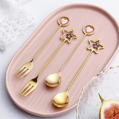 304 Stainless Steel Creative Cute Coffee Spoon Small Pendant Long Handle Water Cup Stirring Spoon Dessert Salad Fruit Fork 1PCS