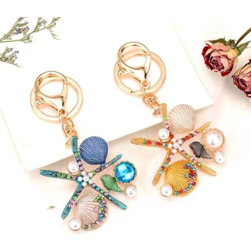 Creative Ocean Series Keychain Gifts Starfish Romantic Shell Keychain Scallop Imitation Pearls Ornaments Car Bag Key Accessries