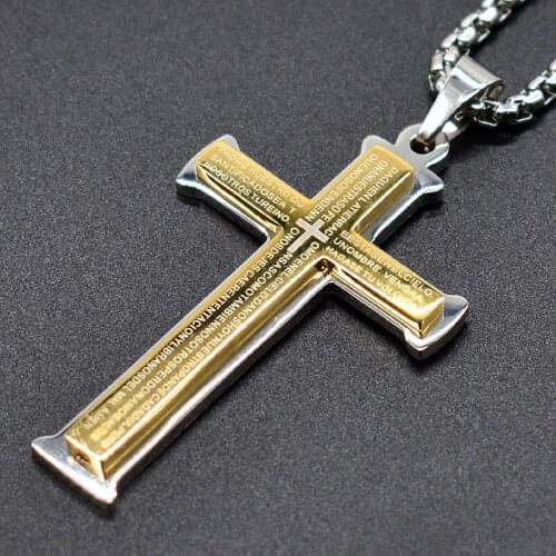 AMUMIU Bible Trendy Stainless Steel Cross Pendant Necklace For Men or Women Scripture KP192