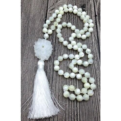 YA2538 Natural Stalactite Druzy Pendant Tassel Shell Stone Beads Knot Handmade Necklace