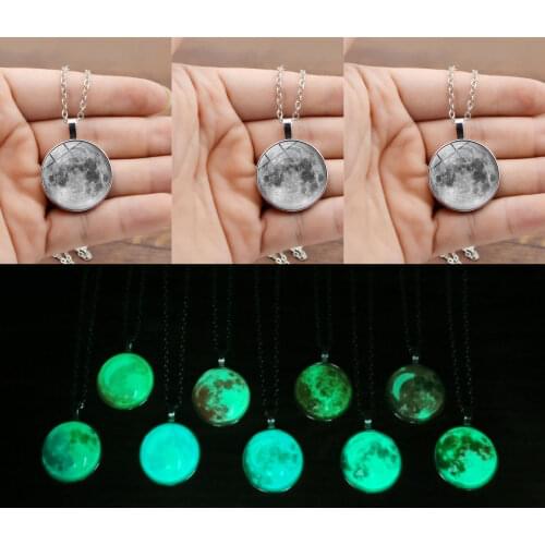 Glowing in the Dark Full Glowing Moon Necklace with Silver Color Chain Glass Cabochon Luminous Moon Neckalce for Women Gift