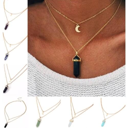 LNRRABC 1PC New Western Style Women Choker Pendant Necklace Natural Stone Moon Sequins Double Layer Jewelry