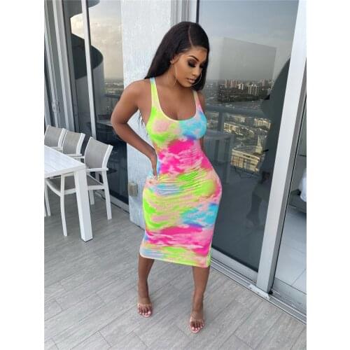 Echoine Sleeveless Tie Dye Print Midi Dress Party Club Skinny Dresses Sexy Fitness Elegant Party Night Streetwear Sundress 2021