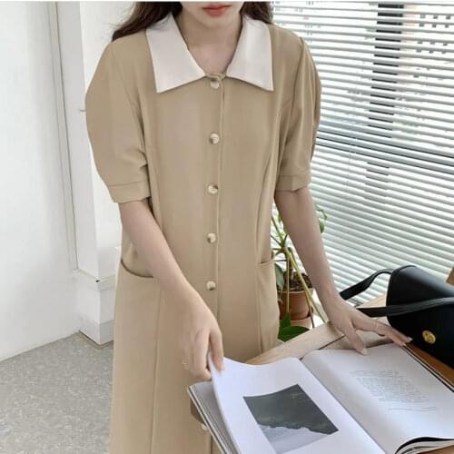 Summer Party Dress Women Turn Down Collar Puff Sleeve Patchwork Long Midi Dress Single Breasted Pockets A-Line Elegant Office