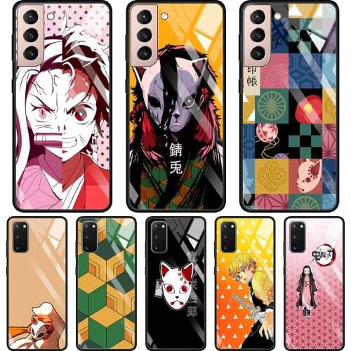 Glass Case For Samsung Galaxy S21 S20 Ultra S10 Plus Lite S20FE 5G S10e S9 S8 Bumper Shell Cover Funda Anime Demon Slayer Color