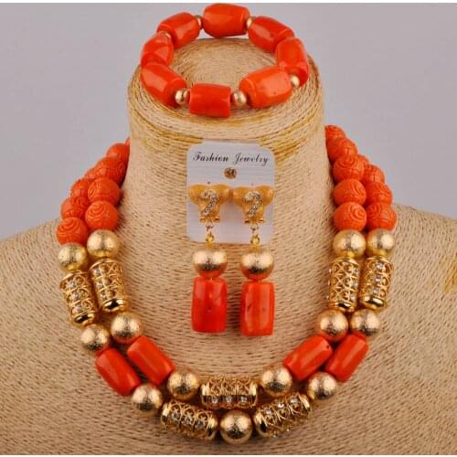 Bride Wedding Jewelry African Female Wedding Dress Jewelry Nigeria Bride Wedding Orange Coral Bead Jewelry Set AU-286