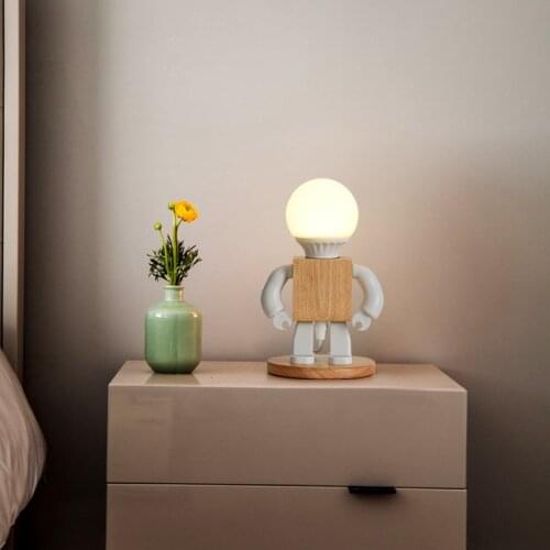 Creative Robot Table Light Nordic Modern White Wood Table Lamp LED Kids Baby Girl Boy Children Bedroom Bedside Mini Night Lights